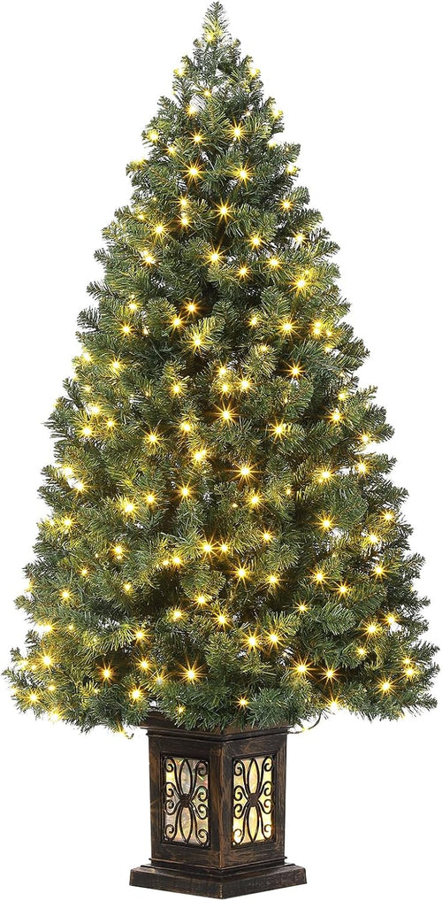 4.5 Ft Artificial Fiber Optic Christmas Tree, Pre-Lit Artificial Potted Xmas Tree with 300 Led Lights, 8 Lighting Modes, Includes Antique Urn Base, 1 PCS