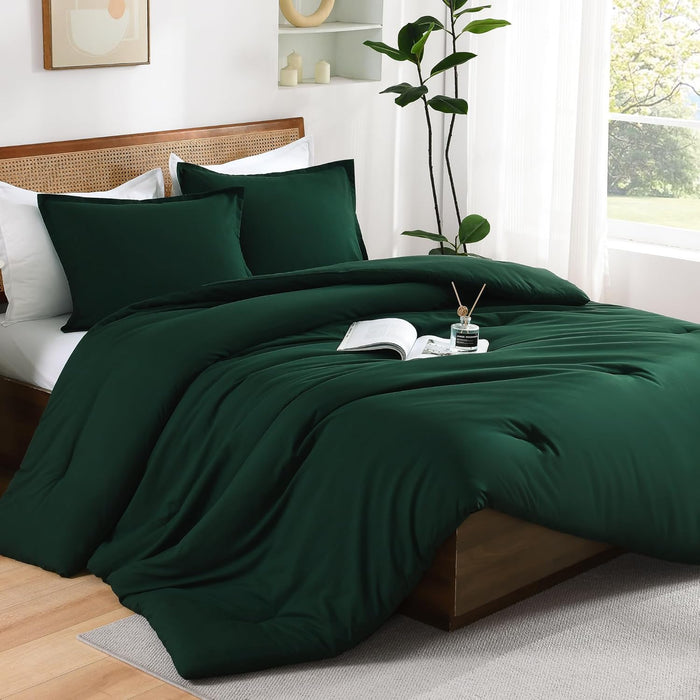 Andency Dark Emerald Green Queen Size Comforter Set, 3 Pieces Forest Hunter Green Boho Solid Bedding Sets, Soft Cozy Lightweight Down Alternative All Season Bed Set