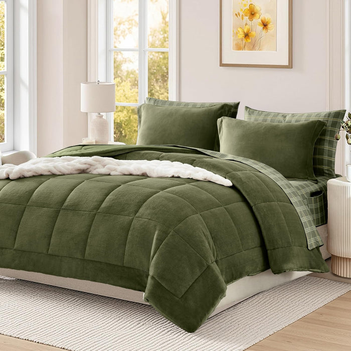 Plush Queen Comforter Set Brown, Flannel Velvet Comforter Sets 7 Pieces Bed in a Bag, Soft Warm Winter Bedding Set with Sheets, Pillowcases & Shams