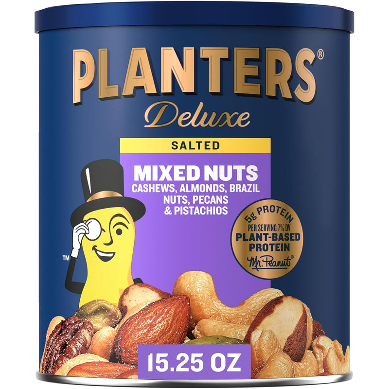 PLANTERS Deluxe Mixed Nuts, Cashews, Almonds, Brazil Nuts Mix, Pistachios, Pecans, Lightly Salted, Snacks for Adults and Kids, Party Snack, 15.25oz