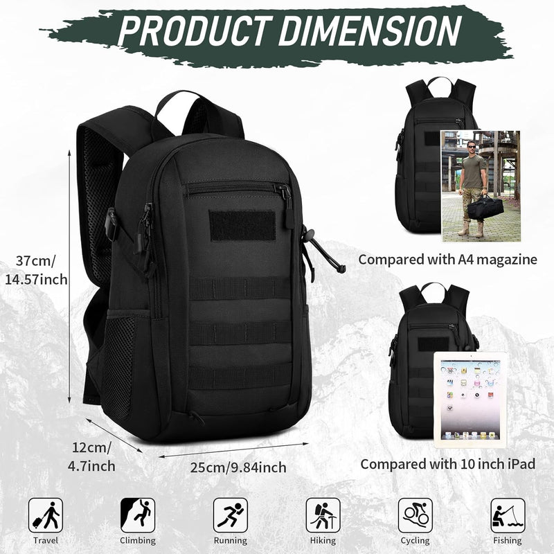 Wowelife Small Tactical Backpack for Men, Mini Tactical Backpack 10L Kids, Small Military Day Pack, Molle Bag Black for Men for Hunting Camping Trekking Travel, Black