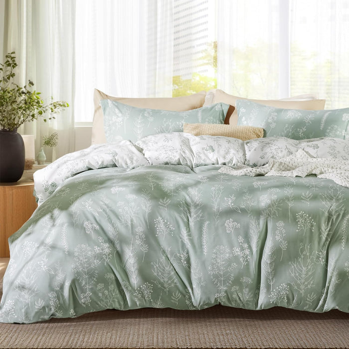 Bedsure Queen Comforter Set - Sage Green Bed Set, 3 Pieces Cute Floral Bedding, 1 Soft Reversible Botanical Flowers Comforter and 2 Pillow Shams