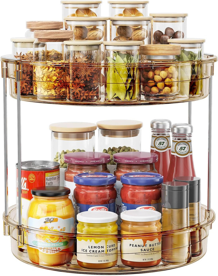 LAMU 2 Tier Lazy Susan Turntable Organizer 9.25'' Rotating Spice Rack Organization for Cabinet, Kitchen, Pantry, Countertop, Bathroom, Vanity, Medicine Cabinet Organizer, Clear