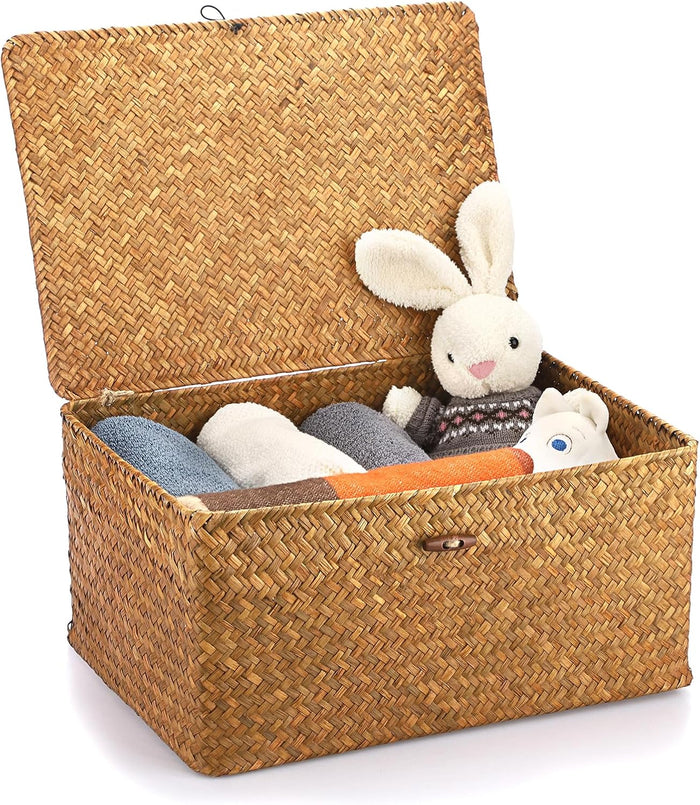 Hipiwe Wicker Shelf Baskets Bin with Lid, Handwoven Seagrass Basket Storage Bins Rectangular Household Basket Boxes for Shelf Wardrobe Home Organizer, Caramel Medium