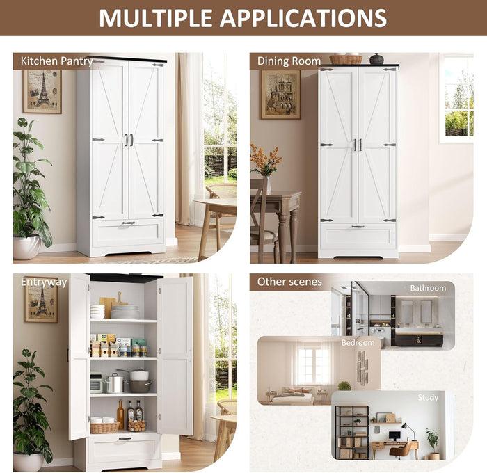 Vongrasig Kitchen Pantry Storage Cabinet with Barn Doors, Drawer and Adjustable Shelves, 4-Tier Tall Rustic Wood Cupboard Locker for Kitchen, Dining Room, Living Room, Bathroom, White