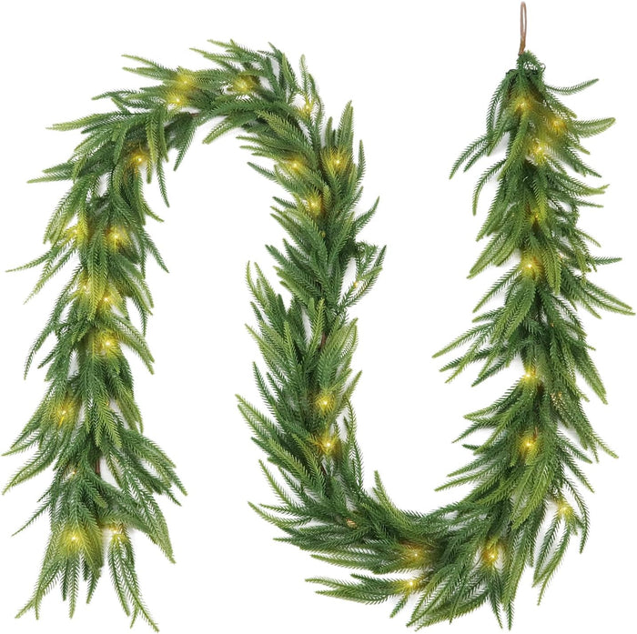 Pre-lit 9ft Christmas Garland with Lights, Garlands for Decoration Christmas with 243 Branches and 50 LED Warm Lights,for Mantle,Outdoor,Stairs Railing,Wall,Table,Indoor（Battery Operated）