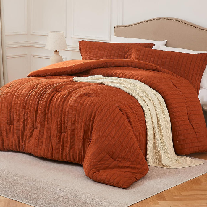 White Queen Comforter Set - 3 Pieces Seersucker Lightweight Bedding Comforter Sets (1 Soft Fluffy Comforter & 2 Pillowcases) - All Seasons Cozy Modern Bed Sets