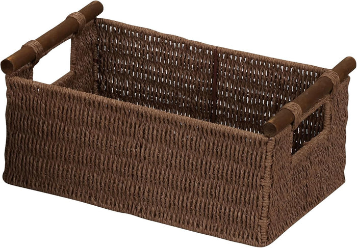 Household Essentials Decorative Woven Baskets Set of 3, Paper Rope with Wood Handles and Metal Frame, Small, Medium and Large, Brown