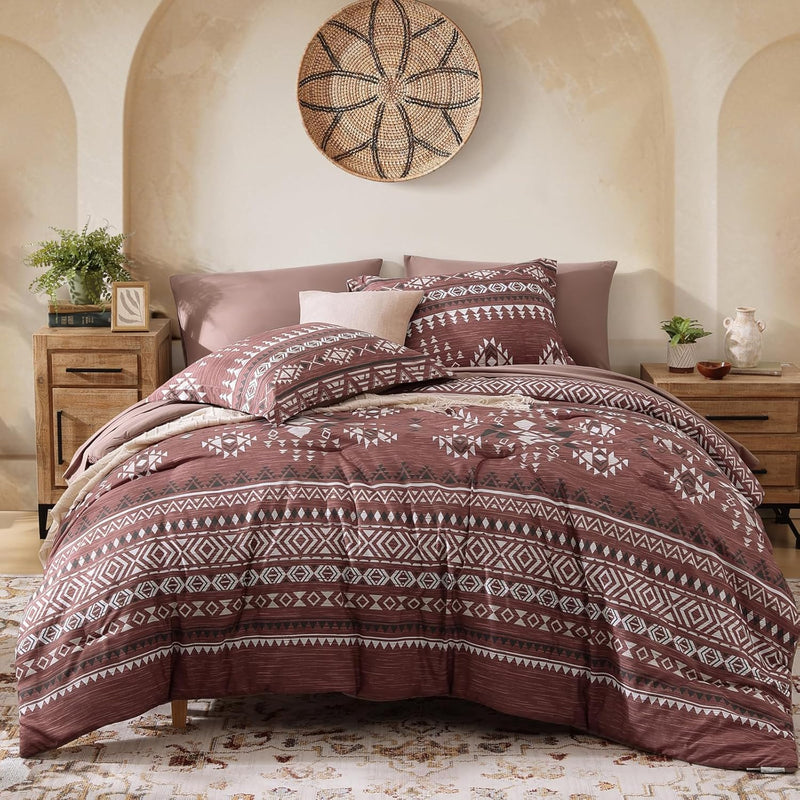 CASAAGUSTO Queen Size Comforter Sets, 7 PCS Olive Green Boho Comforter Queen Size, Bohemian Striped Queen Bed in A Bag Set, Soft Bedding Set for All Seasons(90"X90")