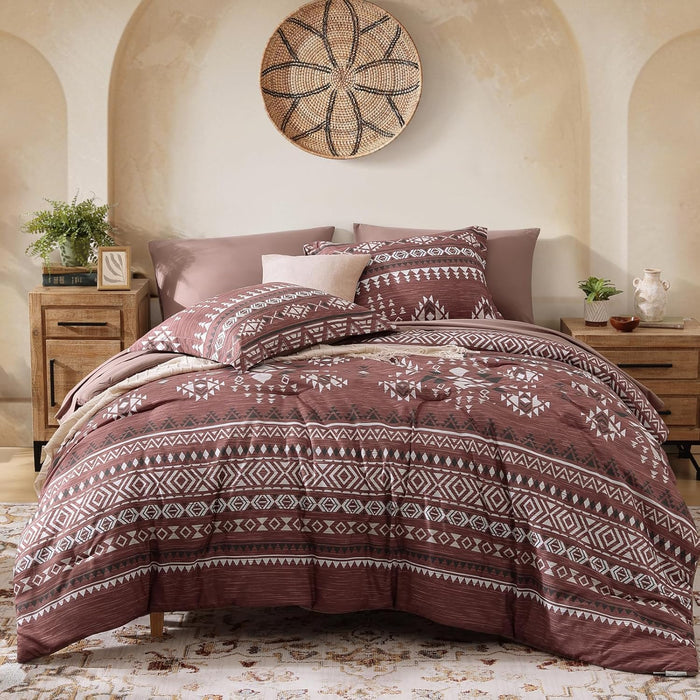 CASAAGUSTO King Size Comforter Set, 7 PCS Boho Comforter King Size, Bohemian Striped Bed in A Bag King, Soft Bedding Set for All Seasons(Brown,102"X90")