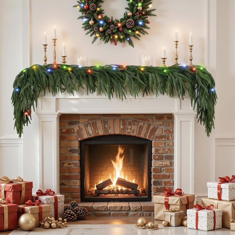9ft Artificial Christmas Garland with Lights, Real Touch Norfolk Pine Garland - Pine Garlands, Green Christmas Garland for Mantle, Table, Fireplace, Indoor, Outdoor Christmas Decorations