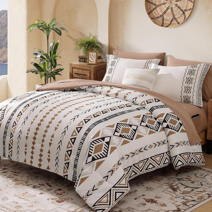 CASAAGUSTO King Size Comforter Set, 7 PCS Boho Comforter King Size, Bohemian Striped Bed in A Bag King, Soft Bedding Set for All Seasons(Brown,102"X90")