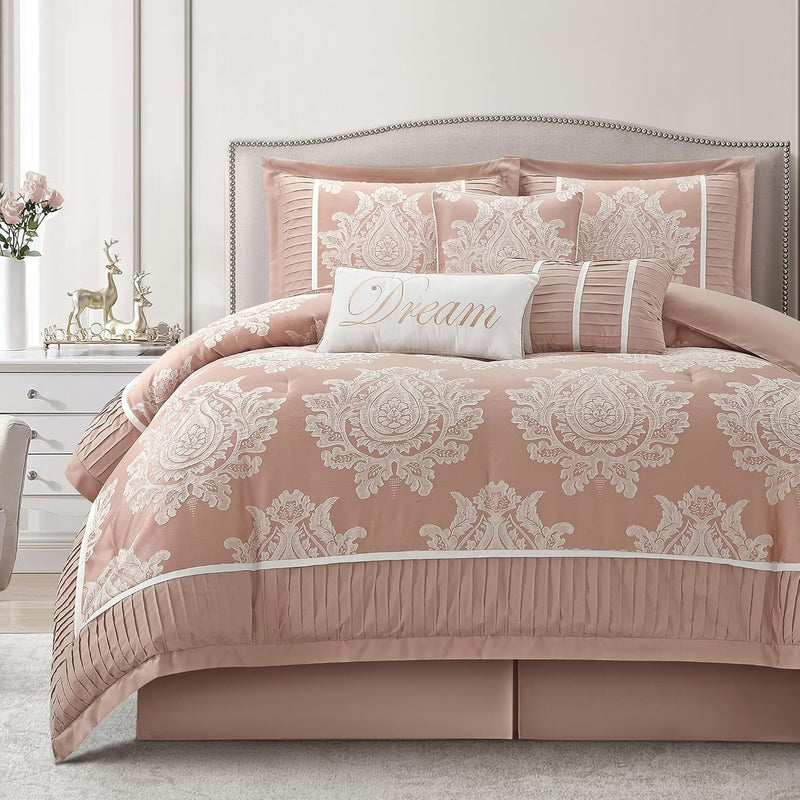 Beige California King Comforter Set 7 Pieces, Jacquard Woven with Damask, Bedding Set in a Bag Includes Comforter, Bed Skirt, Pillow Shams, and Decorative Pillows