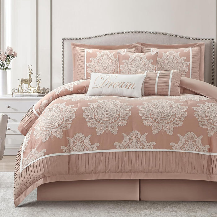 Beige California King Comforter Set 7 Pieces, Jacquard Woven with Damask, Bedding Set in a Bag Includes Comforter, Bed Skirt, Pillow Shams, and Decorative Pillows