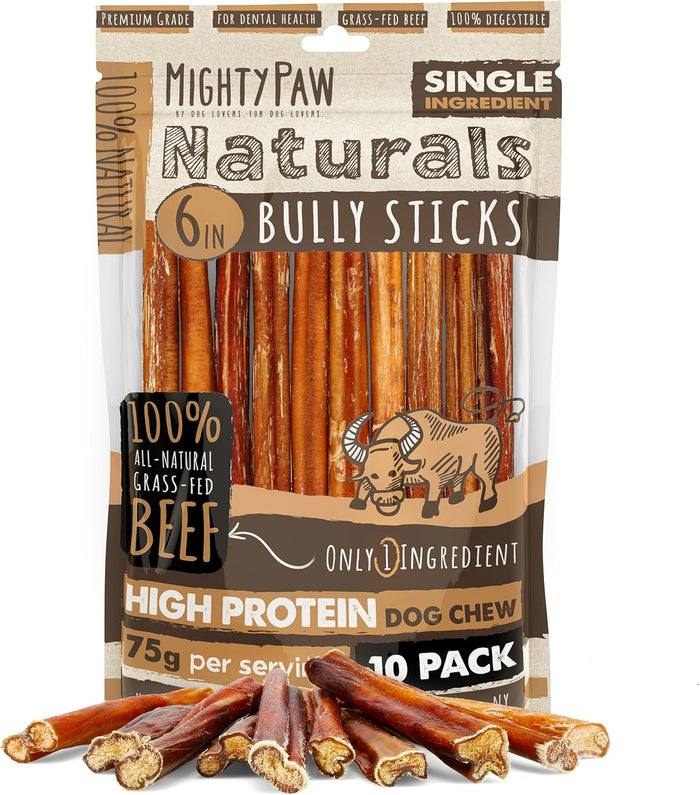 Mighty Paw Long Lasting 12" Bully Sticks for Dogs - All Natural Grass Fed Beef Chews. Lower Odor Dog Bully Sticks for Large Dogs, Medium and Small Breeds. Single Ingredient Treats