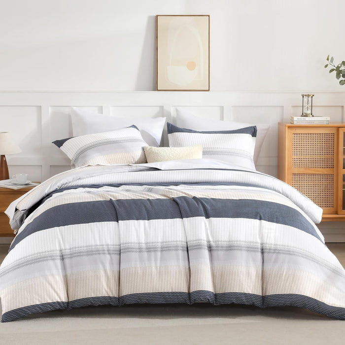 Andency Queen Comforter Set Mineral Blue - 7 Pieces Blue Striped Lightweight Bed in a Bag, Soft Microfiber Reversible Bedding Set with Comforter, Fitted & Flat Sheet, Pillowcases & Shams
