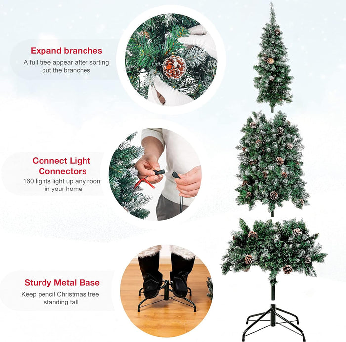 Homde Pencil Christmas Tree 6 Foot Pre-Lit Artificial Christmas Tree with Flocked Snow Pine Cone 160 Warm White Lights Holiday Decor