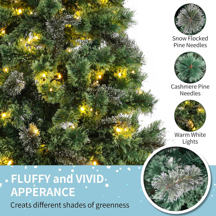 Arlopu 9ft Pre-lit Artificial Cashmere Christmas Tree, Snow Flocked Prelighted Pine Needle Xmas Tree, W/Warm White Lights, Tips, Foldable Metal Base for Home Store Party Holiday Decoration