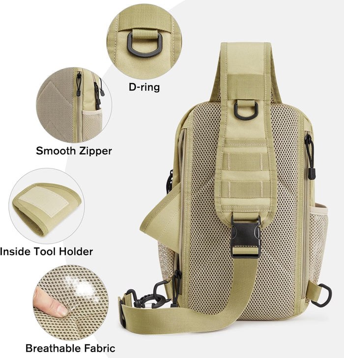 G4Free Tactical Sling Bag Backpack for Men,Military Durable Shoulder Pack Tactical Bag for Travel, Hiking, Outdoor Sports Khaki