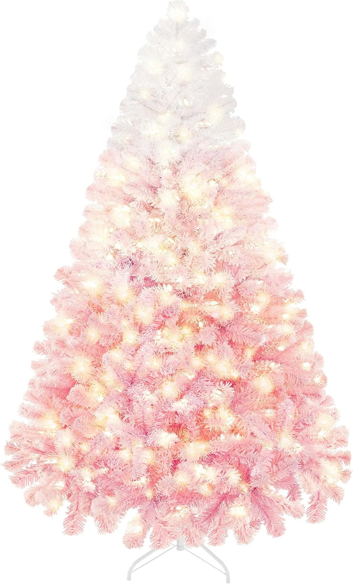 Yaheetech 4.5ft Pre-lit Artificial Christmas Tree with Incandescent Warm White Lights, Snow Flocked Full Prelighted Xmas Tree with 340 Branch Tips, 150 Incandescent Lights & Foldable Stand, Pink