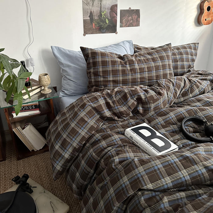 MKXI Plaid Comforter Set Queen Size, Geometric Checkered 3 Pieces Bedding Set Men Boys, Modern Style Comforter with 2 Pillow Shams All Season Soft Fluffy Bedding Set-(Tan,Dark Blue Grey,Khaki)