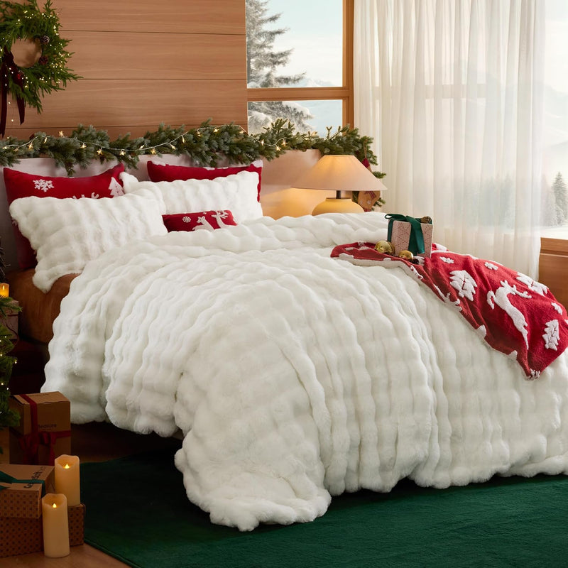 Bedsure Fluffy Duvet Cover Set - Ultra Soft Plush Shaggy Comforter Cover King Size, Warm Flannel Fleece Bed Sets for Winter, 3 Pieces, Snowflake Pattern, Grey