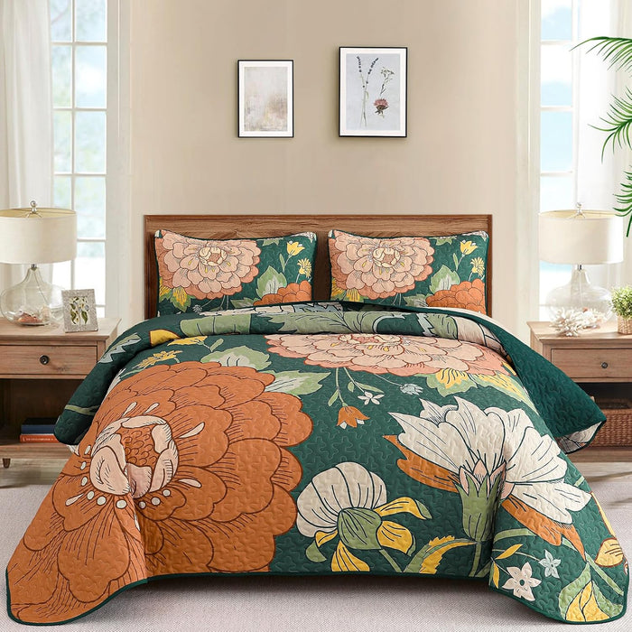 DJY Floral Quilt Set Queen Size Black Boho Bedspread Coverlet Set 3 Pieces, Botanical Quilt Lightweight Microfiber Farmhouse Floral Bohemian Bedding Set with 2 Pillow Shams for All Season (96''x90'')