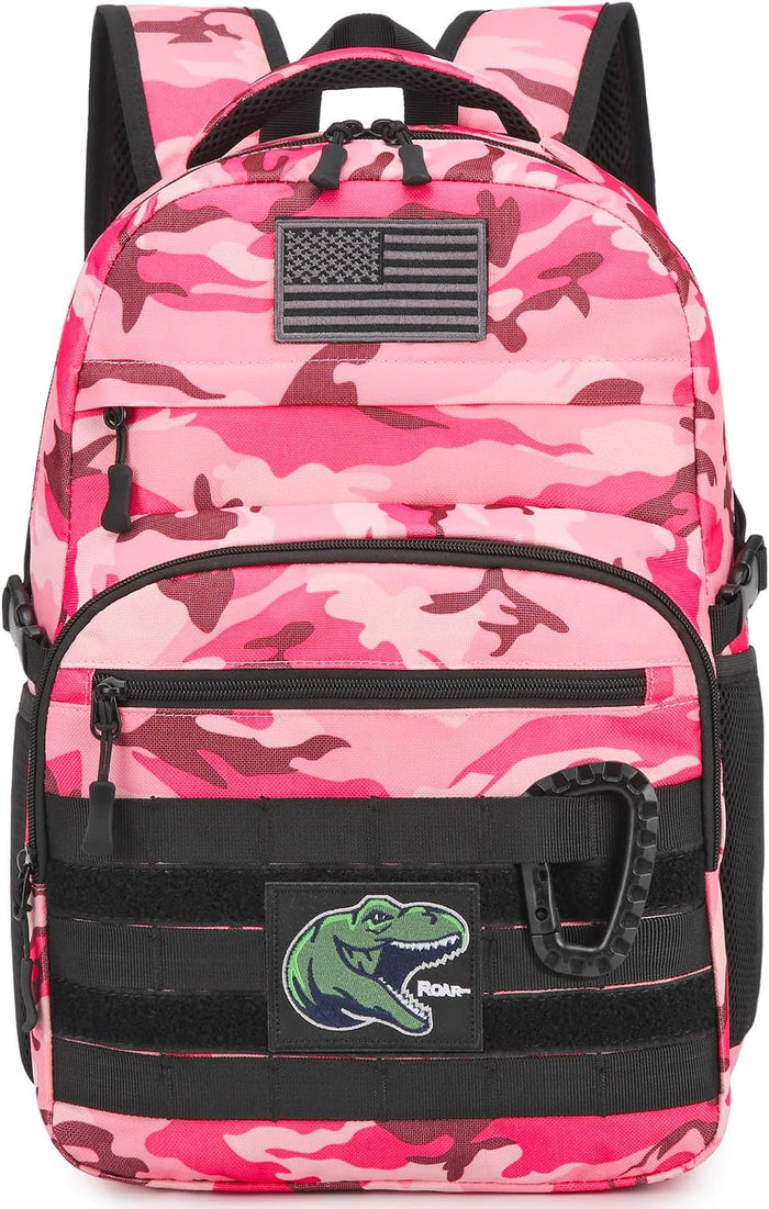 Kids Tactical Backpack Army Molle Bookbag Military Boys Backpack for School, Outdoor, Camping (Includes 2 Patches+1Carabiner), Black Camo