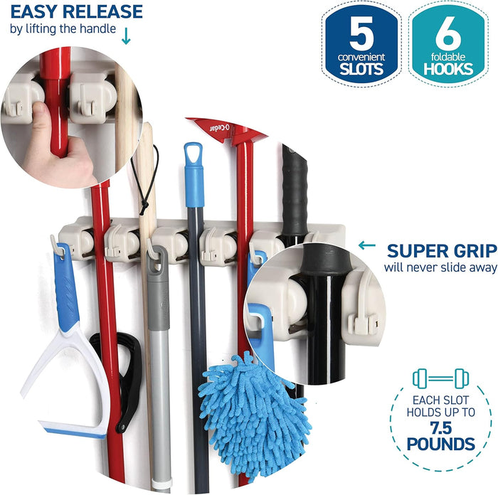 Home-it Mop and Broom Holder Wall Mount Garden Tool Storage Tool Rack Storage & Organization for the Home Plastic Hanger for Closet Garage Organizer (5-position)