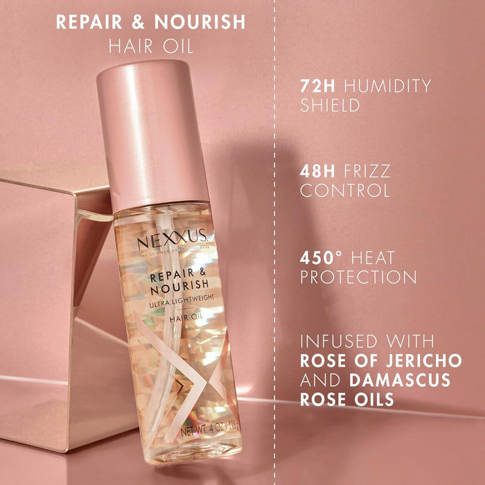 Nexxus Ultra Lightweight Hair Oil Repair & Nourish for Intense Nourishment with StyleProtect Technology & Rose of Jericho Oil 3.3 oz