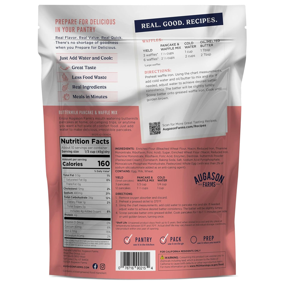 Augason Farms Buttermilk Pancake & Waffle Mix Resealable Pouch, Emergency Food Supply, Everyday Meals, 10 Servings