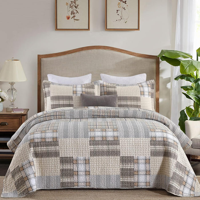 PANGUSHAN 100% Cotton Quilt Set King Size, Patchwork King Quilt Bedding Set Bedspreads, Farmhouse Lightweight Comforter Reversible Quilt, White/Brown/Grey Bed Spread for All Season, 3 Pieces