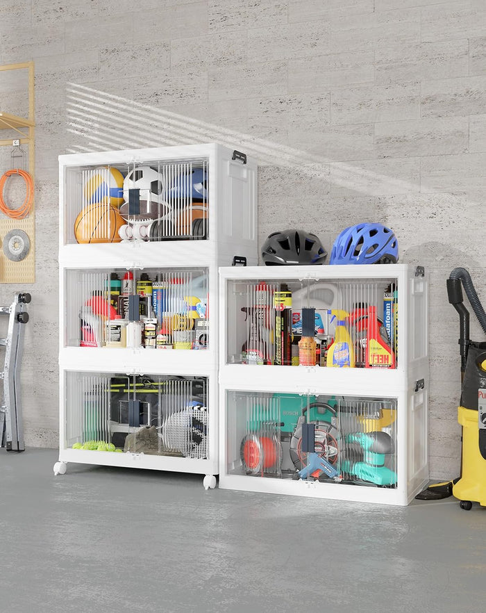 OlarHike 48QT Stackable Storage Bins with Lids - Folding Storage Boxes with Doors and Wheels, Collapsible Plastic Storage Organizer for Closets, Storage and Organization, 6 Pack Cubes