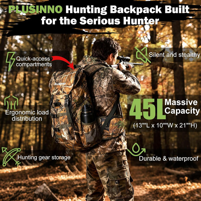 PLUSINNO Hunting Backpack for Hunting Essentials, 45L Waterproof Hunting Gear with Rain Cover, & Padded Scabbard Carry System For Deer Hunt Accessories, Hunt Gift For Men