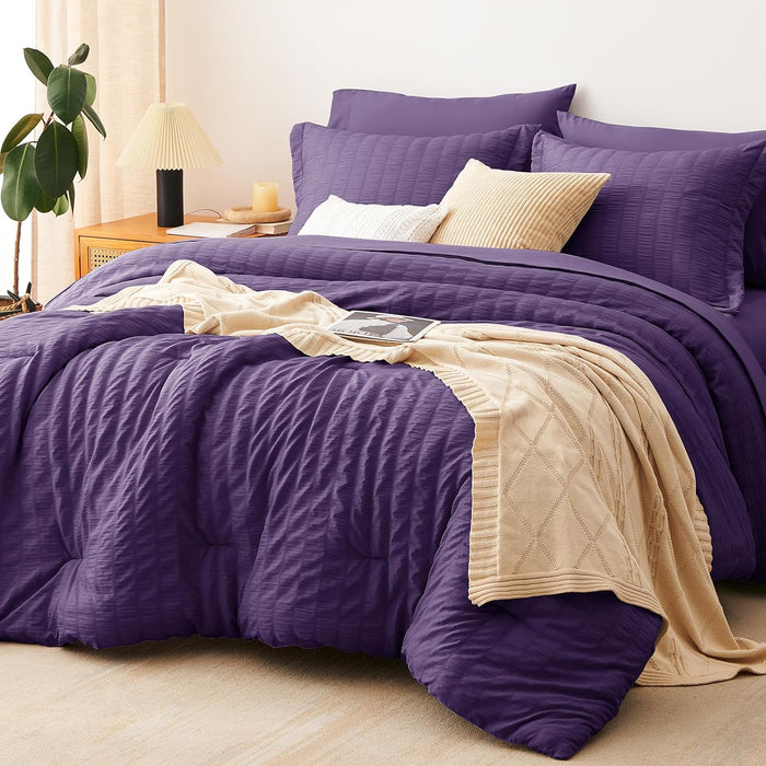 CozyLux Queen Comforter Set Dark Grey Seersucker 7 Pieces Bed in a Bag Queen Comforter Set with Sheets, Luxury Soft Bedding Set with Down Alternative Comforter, Sheets, Pillowcases & Shams All Seasons