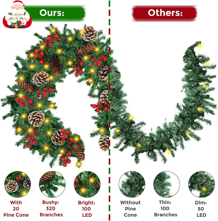 Christmas Garland, 12FT Prelit Christmas Garland with 100 LED Lights, Greenery Xmas Garland with 20 Pine Cones 90 Red Berry Christmas Decoration for Indoor Outdoor Home Mantel Fireplace