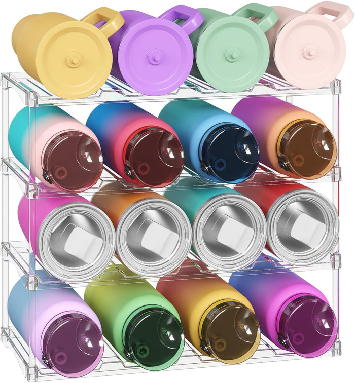 Lifewit Stackable Water Bottle Storage Organizer, Clear Freestanding Wine Bottle Holder for Cabinet, Tumbler Cup Organizer, Plastic Large Compartment Wine Rack for Fridge Cellar, 3Tier Hold 9