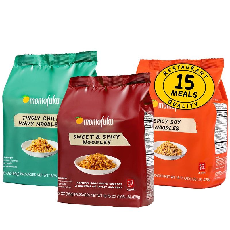 Momofuku Ramen Noodle Variety Pack by David Chang, 15 Meals (Pack of 3) Air-Dried Vegan Instant Noodles with Sauce