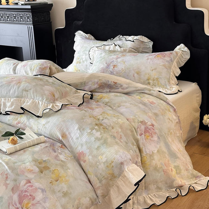 VM VOUGEMARKET Green Duvet Cover Set Full,Lily Flower Jacquard Duvet Cover with 2 Pillowcases 3Pcs Yarn-Dyed Linen Cotton Green Purple Bedding Set for Teens Girls Without Comforter-80 x90