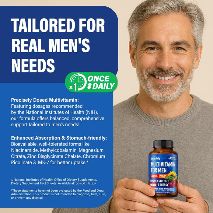 Multivitamin for Men - B-Complex | Whole Foods & Enzymes - Energy, Focus & Brain | Men's Health Complex - 46in1 Mens Multivitamin - Bioavailable & Gentle on Stomach - Made in USA - 90 Capsules, 1/Day