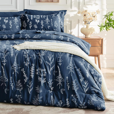 MUXHOMO Navy Blue Bed in a Bag Queen 7 Pieces, Queen Comforter Set Reversible Botanical Flowers Design, Ultra Soft & Breathable Bedding Sets with Comforter, Sheets, Pillowcases & Shams