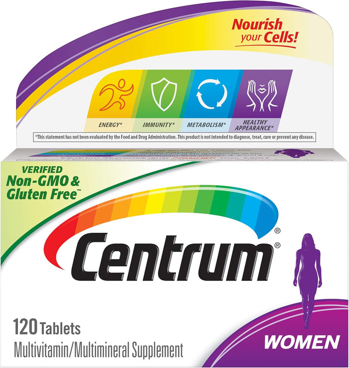 Centrum Multivitamin Tablet for Women, Multivitamin/Multimineral Supplement with Iron, Vitamin D3, B Vitamins and Antioxidant Vitamins C and E, Gluten Free, Non-GMO Ingredients - 200 Count