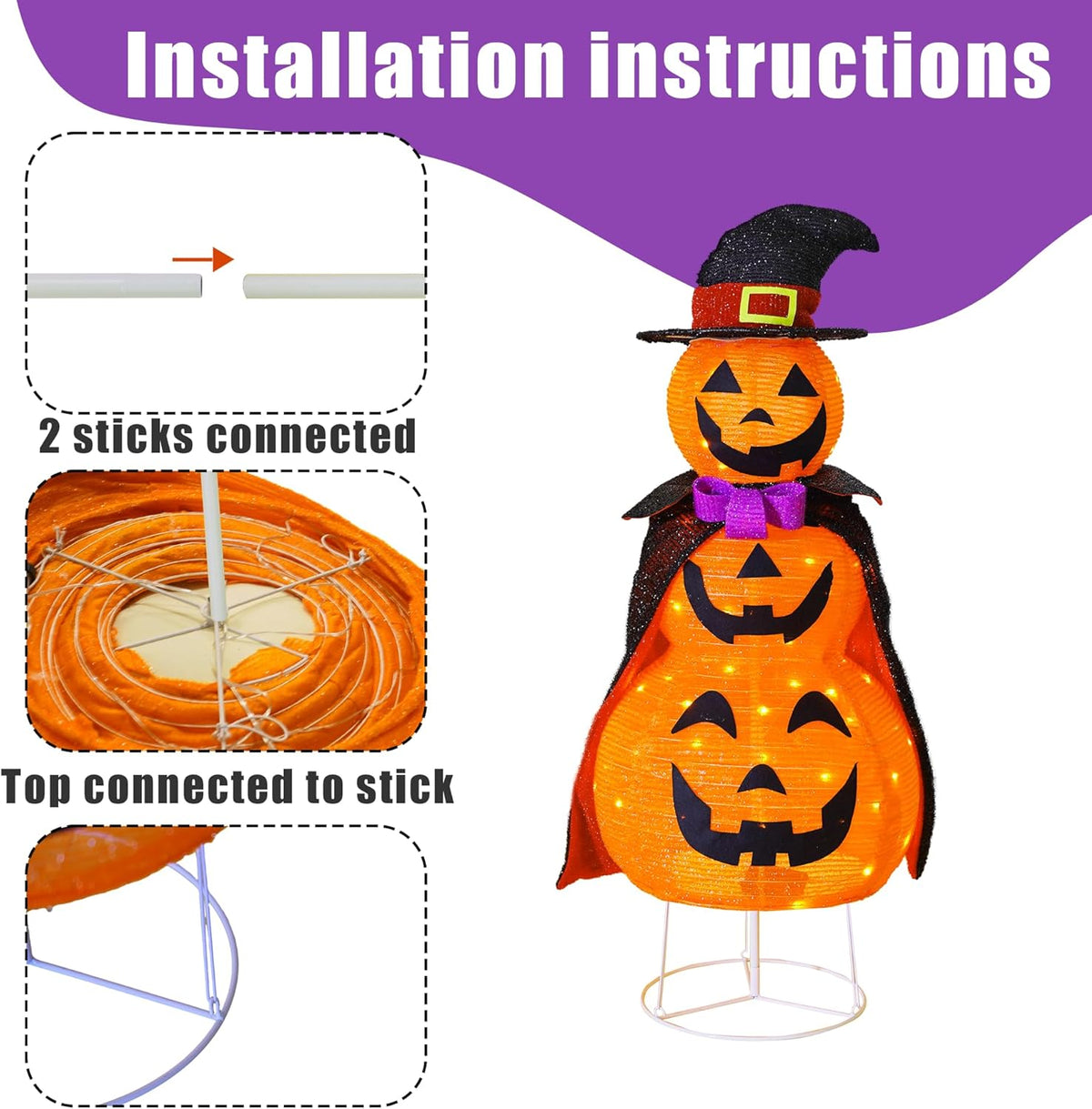 TW SHINE 3FT Halloween Collapsible Pumpkin Decorations, Light Up 60 LED Pumpkin with Cloak with 8 Lighting Mode, Pop Up Jack-o-Lantern for Outdoor Indoor Garden Yard Porch Home Party Decor