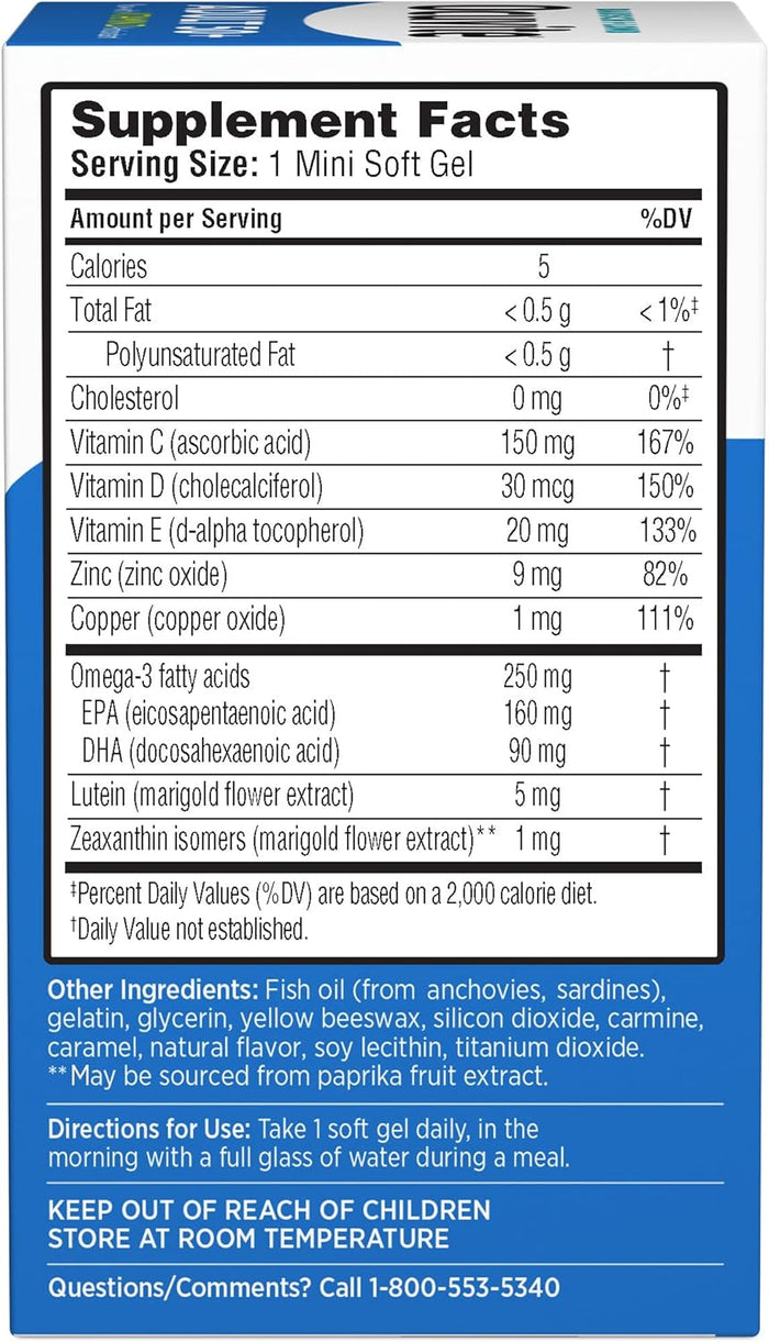 Ocuvite 50+ Eye Vitamin & Mineral Supplement, Multivitamin for Vision & Ocular Health with Omega-3, Zinc, Vitamins C & E, Lutein & Zeaxanthin, Zinc Supplements for Women and Men, 90 Softgels