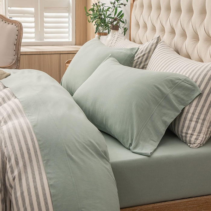 PURE ERA Jersey Knit 4pc Bed Sheet Set 100% T-Shirt Cotton Super Soft Comfy Breathable Fits Mattress Up to 20" Extra Deep Pocket (Solid Bright White, Queen)