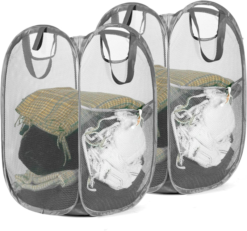 HOUSE AGAIN Mesh Popup Laundry Hamper, [Reinforced] Collapsible Laundry Basket, Foldable Pop Up Hamper with Durable Handles, Easy to Open and Fold for Dorm, Laundry Room, Bedroom, RV, (Grey）