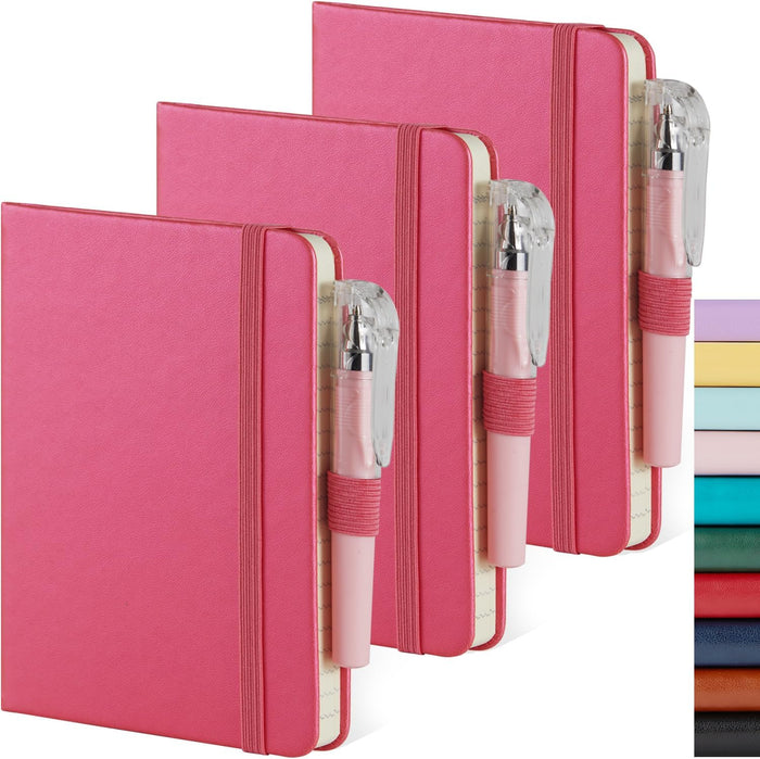 (3 Pack) Pocket Notebook Journal, Hardcover Small Mini Notebooks with Pens for Work, 3.7" x 5.7" A6 Notebook College Ruled with 100Gsm Premium Thick Lined Paper, Black Leather
