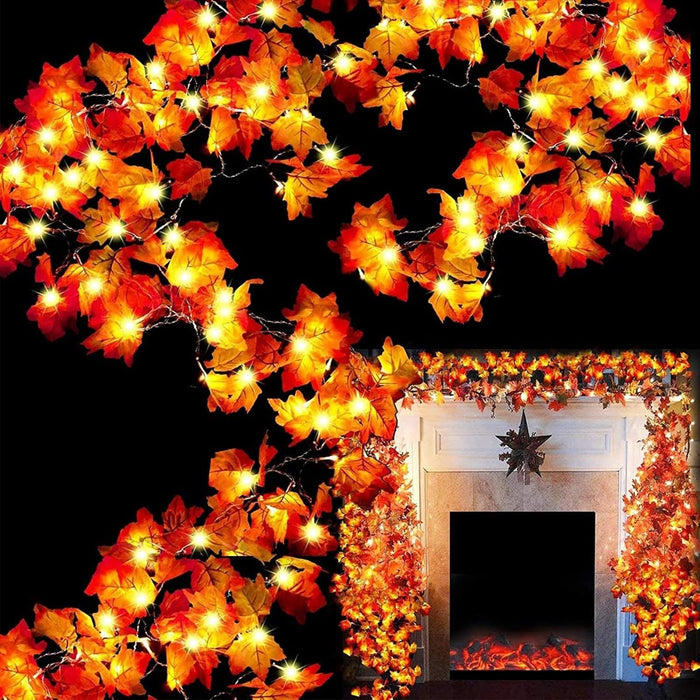 TURNMEON 2 Pack Fall Decor Enlarged Maples Leafed Halloween Fall Decorations for Home Fall Lights Thick Leafs Garlands, Total 20Ft 40LED Battery Operated Waterproof Thanksgiving Decor Indoor Outdoor