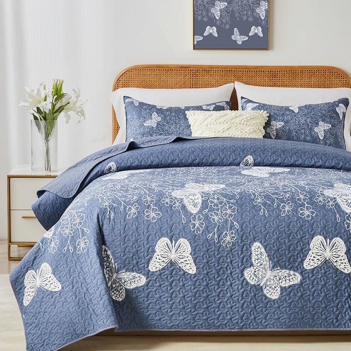 Yogeneg King Size Quilt Set,White Gold Floral Botanical Pattern Black Bedding Set,3 Piece Lightweight Soft Summer Bedspread Coverlet with 2 PIillow Sham for All Season(Black Floral,110"x96")