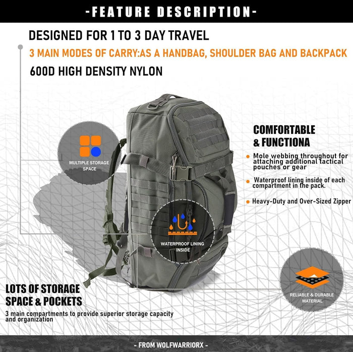 Travel Duffle Bag Backpack for Men - Large Tactical Bags Weekender Gym Bag for Overnight Traveling Military Workout Deployment Sports (Green, 25L)
